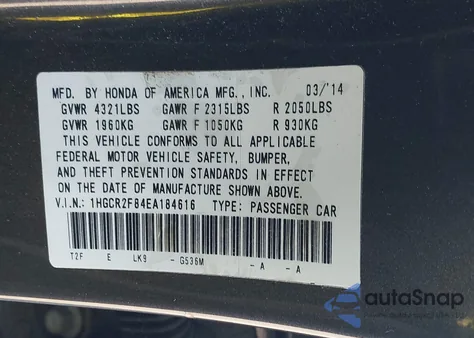 2014 Honda Accord Ex-L z USA, uszkodzony, nr VIN 1HGCR2F84EA184616